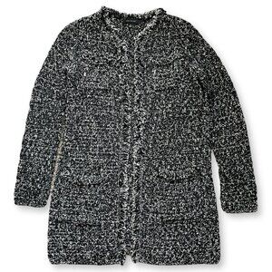 Ann Taylor Boucle Knit Cardigan Women Sz XS Black Open Fringe Heavy Oversized